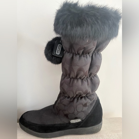 Coach Black Signature Theona Jacquard Winter boots with Fur Trim and Pom Poms - Picture 3 of 6